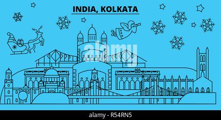 L'Inde, Kolkata vacances d'hiver. Joyeux Noël, Bonne année bannière décorée avec le Père Noël.L'Inde, Kolkata ville noël linéaire vector illustration télévision Illustration de Vecteur