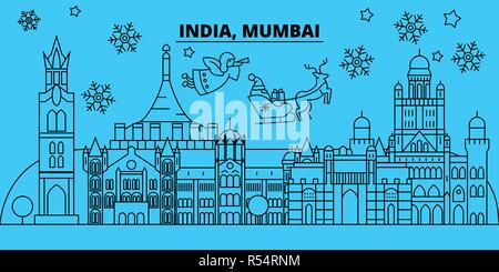 L'Inde, Mumbai vacances d'hiver. Joyeux Noël, Bonne année bannière décorée avec le Père Noël.L'Inde, Mumbai ville noël télévision linéaire vector illustration Illustration de Vecteur