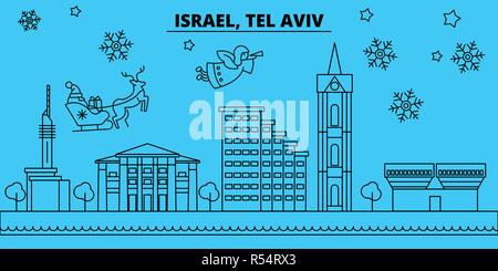 Israël, Tel Aviv vacances d'hiver. Joyeux Noël, Bonne année bannière décorée avec le Père Noël.ISRAËL, Tel Aviv ville noël télévision linéaire vector illustration Illustration de Vecteur