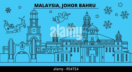 La Malaisie, Johor Bahru vacances d'hiver. Joyeux Noël, Bonne année bannière décorée avec le Père Noël.La Malaisie, Johor Bahru ville noël télévision linéaire vector illustration Illustration de Vecteur