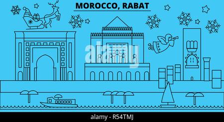 Maroc, Rabat vacances d'hiver. Joyeux Noël, Bonne année bannière décorée avec le Père Noël.Maroc, Rabat ville noël télévision linéaire vector illustration Illustration de Vecteur