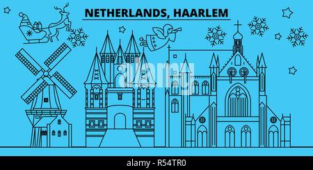 Haarlem aux Pays-Bas, les vacances d'hiver, d'horizon. Joyeux Noël, Bonne Année Claus.Netherlands, avec bandeau décoré Santa noël linéaire Haarlem city vector illustration télévision Illustration de Vecteur