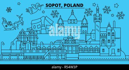 Pologne, Sopot vacances d'hiver. Joyeux Noël, Bonne année bannière décorée avec le Père Noël.Pologne, Sopot ville noël télévision linéaire vector illustration Illustration de Vecteur