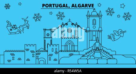 Portugal, Algarve vacances d'hiver. Joyeux Noël, Bonne année bannière décorée avec le Père Noël.Portugal, Algarve ville noël télévision linéaire vector illustration Illustration de Vecteur