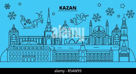 La Russie, Kazan vacances d'hiver. Joyeux Noël, Bonne année bannière décorée avec le Père Noël.La Russie, Kazan ville noël linéaire vector illustration télévision Illustration de Vecteur