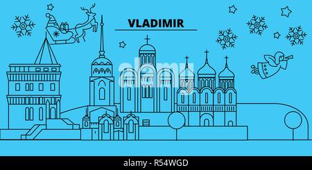 La Russie, Vladimir vacances d'hiver. Joyeux Noël, Bonne année bannière décorée avec le Père Noël.La Russie, Vladimir ville noël linéaire vector illustration télévision Illustration de Vecteur