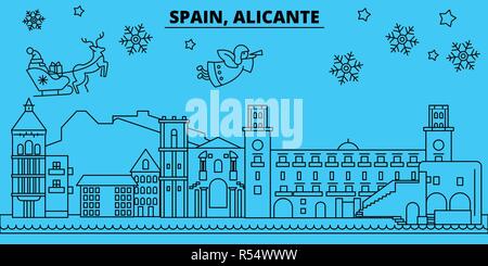 L'Espagne, Alicante vacances d'hiver. Joyeux Noël, Bonne année bannière décorée avec le Père Noël.L'Espagne, Alicante ville noël télévision linéaire vector illustration Illustration de Vecteur