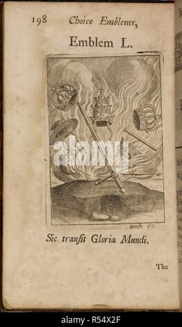 Illustration de l'emblème L. une épée entre feu et couronnes royales. Ci-dessous est l'expression latine, Sic transit gloria mundi, 'passe ainsi la gloire du monde." Il a été interprété comme "choses de ce monde sont éphémères.' . Choix d'emblèmes, de morale et divine, et antient : moderne ou, délices des l'ingénieux ... La sixième édition. Londres, 1732. Source : 1607/3407 page 198. Langue : Anglais. Author : NATHANIEL CROUCH. Banque D'Images