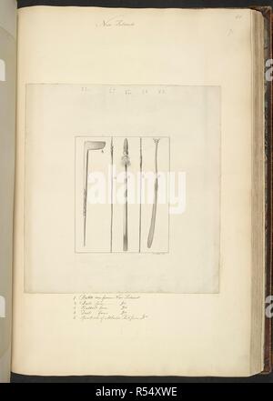 [Folio] Dessins d'une hache, deux fléchettes, Halbert et une spontoon d'une baleine's rib ; ces armes sont décrites dans Sir Joseph Banks' journal le 28 mars 1770. Une collection de dessins faits dans les pays visités par le capitaine Cook dans son premier voyage, 1768-1771. 1771-1772. Source : ajouter. 23920, f.70. Langue : Anglais. Auteur : Miller, John Frederick. Banque D'Images