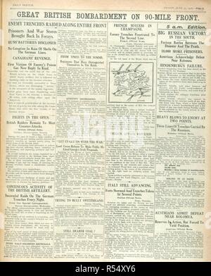 "Grand bombardement britannique sur 90 km avant. Un article de journal au cours de la Première Guerre mondiale. Le croquis. Londres, 1916. Source : le croquis, 30 juin 1916, page 3. Banque D'Images