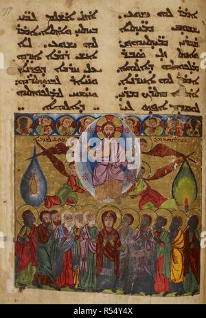 L'Ascension. Le Christ en gloire dans un médaillon ovale soutenu par deux anges. Les Apôtres avec la Vierge Marie dans le centre assiste à l'événement. Lectionnaire syriaque. Mossoul (Irak), 1216-1220. Ce manuscrit contient des passages de l'Évangile dans l'ordre liturgique qui sont utilisés comme des lectures à des services de l'église. Tempera sur papier. Source : ajouter. 7170, f.188. Langue : Syriaque. Banque D'Images