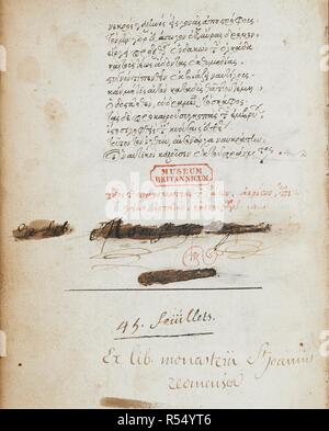 Texte. De animalium proprietate. 2e quart du 16e siècle, 3e quart du 16e siècle. Source : Burney 97 f.45v. Langue : grec ancien. Auteur : trombinoscope. Vergetio, Angelo. Banque D'Images