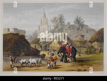 Temple Hindou près du Strand Road. Les gens sur un éléphant. Un homme est montré avec des bovins. À partir de points de vue de Calcutta et ses environs. Vues de Calcutta et ses environs. Londres, 1848. Source : X 666, la plaque 27. Auteur : Sir Charles D'Oilly. Banque D'Images