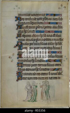 Bas-de-page théâtre de deux femmes parlent aux trois hommes. Psautier ('Le psautier de la Reine Mary"). Angleterre (Londres/Westminster ou East Anglia ?) ; entre 1310 et 1320. Source : Royal 2 B. VII, f.299v. Langue : Français de l'Amérique latine, avec les légendes des images. Banque D'Images