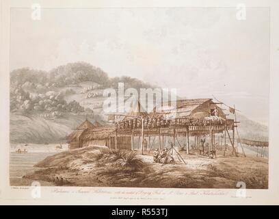 Balagans ou des habitations, avec la méthode de séchage du poisson au St Peter & Paul Kamtschatka. Un bâtiment au toit de chaume, au bord d'une rivière où les hommes sont avec de grands filets de pêche, derrière une hutte au toit de chaume sur pilotis et un grand cadre à partir de laquelle pendent des poissons, avec des chiffres, la collecte et le stockage de la poisson et une femme et enfant au premier plan, à côté d'un pot suspendu à un trépied au-dessus d'un feu ; collines boisées en arrière-plan à gauche. . Balagans ou des habitations, avec la méthode de séchage du poisson au St Peter & Paul Kamtschatka.  : Tome III, Livre VI, page 375. / I. Webber R.A. fecit. "Treize V Banque D'Images