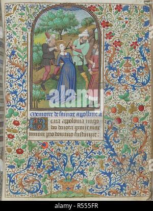 Miniature du martyre d'Apollonia, au début de son suffrage. Deux accompagnateurs en turbans, extraire les dents avec des pinces, tandis qu'un homme avec une couronne. Allumé en premier 'B'(eata) et une frontière foliée. Livre d'heures, l'utilisation de Paris. La France, l'Europe centrale (Paris) ; c. 1440 - c. 1450. Source : Egerton 2019, f.217. Langue : le latin et un peu de français. Banque D'Images
