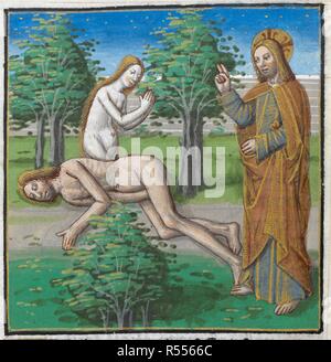 Adam et Eve d'être béni par Dieu, dans le jardin d'Eden ?. Cy commencer Ouide de SalmoneÌ jntitule liure"n fils se métamorphosent. « ContenaÌ moralizie t XV. liures particuliers par maistre Thomas waleys docteur en theologie ... Paris : Anthoine Verard, [1493]. Source : I.A.41148 page aiiv. Banque D'Images