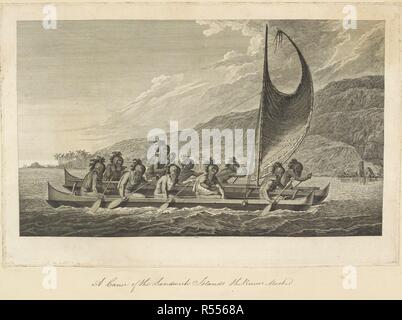 Des canots des îles Sandwich, les rameurs masquées. Un double canoë avec une voile latine debout tenant neuf rameurs portant des casques gourd, et une figure casquée tenant une idole sculptée. Le rivage dans l'arrière-plan représente le côté nord-ouest de la baie de Kealakekua. John Webber a fait des photos de cet événement en 1779, le troisième voyage de Cook. . Une collection de dessins par A. Buchan, S. Parkinson, et J. F. Miller, réalisés dans les pays visités par le capitaine James Cook dans son premier voyage [1768-1771], également d'impressions publié dans ses voyages de John Hawksworth Biron [Byron], Wallis et Cook [1773], comme w Banque D'Images