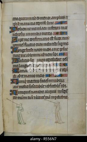 Bas-de-page scène de deux femmes long souffle trompettes. Psautier ('Le psautier de la Reine Mary"). Angleterre (Londres/Westminster ou East Anglia ?) ; entre 1310 et 1320. Source : Royal 2 B. VII, f.198. Langue : Français de l'Amérique latine, avec les légendes des images. Banque D'Images