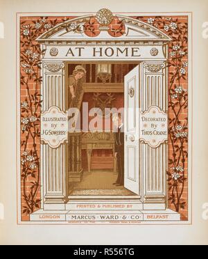 'À la maison' porte avec garçon et fille à l'intérieur. Illustration couleur de 'à la maison'. À la maison. Marcus Ward & Co. à Londres, 1881. Image réalisée à partir à la maison par J G Sowerby et Thos. Grue. Source : 12805.k.41, page 5. Langue : Anglais. Auteur : Sowerby, John G. Banque D'Images