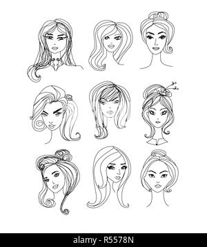 Illustration cartoon noir et blanc de femmes visages personnages set Banque D'Images