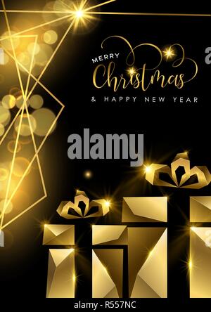 Joyeux Noël et Bonne Année carte de voeux or luxe illustration, xmas gift box en or massif en 3d genre. Illustration de Vecteur