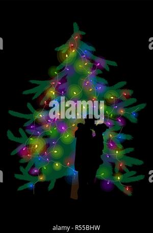 Arbre de Noël avec des lumières et les baisers pare, vector illustration Illustration de Vecteur