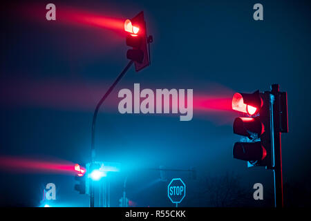 Le feu rouge dans le brouillard Banque D'Images