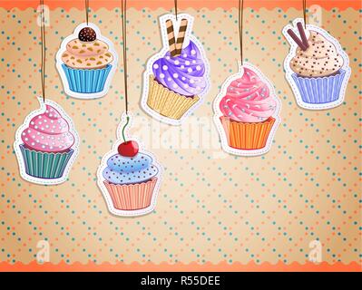 Delicious cupcake autocollants sur fond coloré Illustration de Vecteur