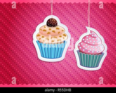 Delicious cupcake autocollants sur fond coloré Illustration de Vecteur