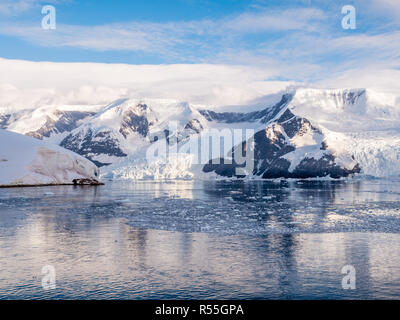 Brash flottant et les glaciers de Lester Cove et Neko Harbour, baie Andvord, péninsule Arctowski, continent de l'Antarctique Banque D'Images