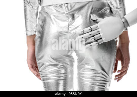 Portrait robot de toucher les fesses de femme en vêtements d'argent isolé sur blanc, avenir technologie concept Banque D'Images