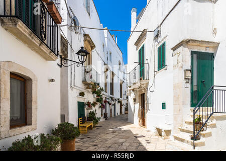 Une rue de Locorotondo avec maisons typiques blanchies à la chaux et de fleurs suspendues, Pouilles, Italie Banque D'Images