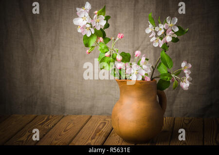 Branche d'un pommier en fleurs dans une cruche d'argile, close-up Banque D'Images