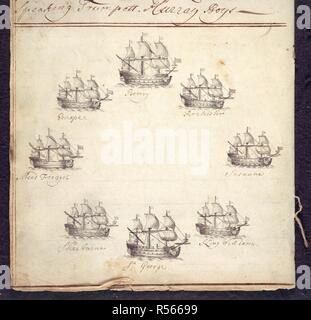 Croquis de navires. Log du navire 'Rochester'. 27 août 1710. À partir de croquis le log de la 'Rochester'. L 'Rochester' effectue trois voyages à l'est au service de l'East India Company. À partir de ce croquis, le log de la Chine voyage, indique la navigation formation de toute la flotte qui partit de l'Angleterre. Encre sur papier. Image prise à partir de Log du navire 'Rochester'. Publié à l'origine/produits au 27 août 1710. . Source : IOR/L/MAR/B/137B, f.9c. Langue : Anglais. Banque D'Images