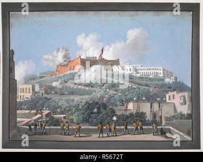 Vue sur le château Sant' Elmo sur le dessus de la colline de Vomero, défendu par les soldats français et républicain de la Sicile, avec la Certosa di San Martino à droite et royalistes qui tiraient leurs armes derrière les murs entre les arbres du premier plan ; à l'intérieur du châssis peint. Annoté avec un titre, une description et la date à l'encre brune au verso. "Une vue en couleur, de carré, de "l'attaque contre le château de St Elme côté terre, par les marines de l'escadron du H.M., united avec 500 Russes, un peu d'artillerie portugaise-men, et un détachement de Le Cardinal Ruffo's armée irrégulière Calabrese de royalistes, le 9 juin, 1799' Banque D'Images