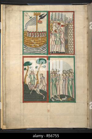 Quatre miniatures : 1. l'arche avec la colombe et le corbeau ; 2. le péché de Cham ; 3. la construction de la Tour de Babel ; 4. la séparation d'Abraham et de Lot. Omne Bonum (Absolucio-Circumcisio). L'Angleterre, S. E. (Londres) ; c. 1360-c. 1375. Source : Royal 6 E. VI, f.2c. Langue : le latin. Auteur : JAMES LE PALMER. Banque D'Images