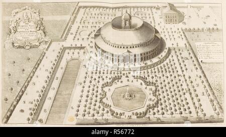 Une vue d'ensemble de la Rotonde dans le Ranelagh Gardens à Chelsea, avec le concept de jardin dans lequel elle a été définie. Intitulé dans une cartouche roccoco avec fontaines, une explication à la droite de la conception par les lettres A à H sur un rouleau. La vue Perspective comme prévu pour être fini de l'Amphithéâtre bâtiment avec une partie du jardin dans lequel il est érigé à Chelsea. [London] publier le 30 juin 1742 avait, conformément à la loi du Parlement. 1742. La gravure et la gravure. Source : Maps K.Haut.28.4.t. Langue : Anglais. Banque D'Images