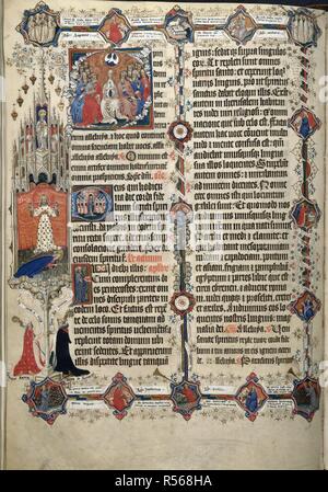 Temporale. La Pentecôte. Texte avec 'S' initiale, l'origine de l'Esprit Saint sur la Vierge et les apôtres. 'D' initiale, l'avant tour et six petites églises, avec des anges. 'Je' initial, Saint Paul avec épée verticale et deux livres. Dans des créneaux ; Dieu le Père, la bénédiction ; à l'extérieur de sept lampes allumées ; Saint John, entre sept chandelles, prosterné au pied du Christ ; ci-dessous, l'évêque et l'Abbé Mitford Bruyning s'agenouiller. Vignettes d'anges de l'Apocalypse en alternance avec des chiffres représentant les sept dons de l'Esprit Saint. Missel de Sherborne. Co., Sherborne Dorset ; années 1399-1407. Source : ajouter. 7 Banque D'Images