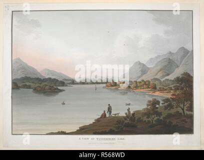 Vue sur le lac Windermere. Chiffres et un chien assis sur la rive du lac de Windermere, Cumbria, bateaux sur l'eau ; les arbres et les collines tout au long de la scène. . Vue sur le lac Windermere. / John Warren Esqr del ; sculptures Cartwright. Londres : paru Septr 25e 1809 par R. Lambe 39 Fleet Street., [25 septembre 1809. 1 : Impression avec gravure main-coloration ; 44,2 x 60,6 cm la feuille. Source : Maps K.Haut.43.16.n. Banque D'Images
