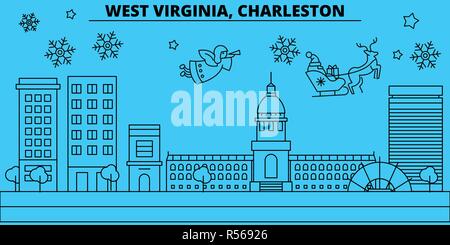 United States, Charleston vacances d'hiver. Joyeux Noël, Bonne Année avec le Père Noël.United States, Charleston ville noël télévision linéaire vector illustration Illustration de Vecteur