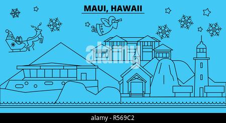 United States, Maui vacances d'hiver. Joyeux Noël, Bonne année bannière décorée avec le Père Noël.United States, Maui ville noël télévision linéaire vector illustration Illustration de Vecteur