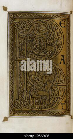 Début du Psaume 1. Initiale décorée 'B' ; la partie supérieure, à l'intersection d'animaux et d'oiseaux dans le feuillage, et un centaure tirant une flèche à une sirène ; partie inférieure, David assis jouant de la harpe. Un dragon grimper sur une fleur apparaît dans l'arbre vertical de la première. Psautier de reine Melisende. E. de la Méditerranée [Jérusalem] ; entre 1131 et 1143. Source : Egerton 1139, f.23v. Langue : le latin. Banque D'Images