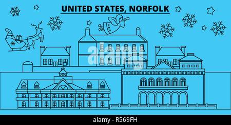 United States, Norfolk vacances d'hiver. Joyeux Noël, Bonne année bannière décorée avec le Père Noël.United States, Norfolk ville noël télévision linéaire vector illustration Illustration de Vecteur