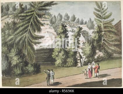 Les figures debout sur un chemin à la recherche de la statue d'un ermite entouré d'arbres ; les roches dans l'arrière-plan. L'ermite en Huln Rock Park, près de 1775 d'Alnwick. 1775. Plume et encre noire avec aquarelle et crayon. Source : Maps K.Haut.33.18.ch. Auteur : Bulman, I. Banque D'Images