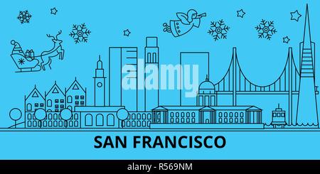 Etats Unis, San Francisco city vacances d'hiver. Joyeux Noël, Bonne Année avec le Père Noël.Etats Unis, San Francisco city ville noël linéaire vector illustration télévision Illustration de Vecteur