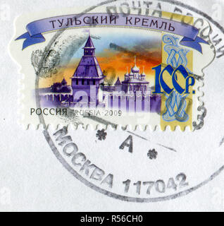 GOMEL, BÉLARUS, 13 octobre 2017, de timbres en Russie montre l'image de kremlin de Toula, vers 2009. Banque D'Images