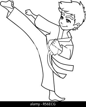 Karate Kick Boy Line Art Illustration de Vecteur