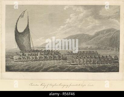 (Tereoboo Kalaniopuu), roi d'Owyhee (Hawaii), qui présente au capitaine Cook. La photo montre un Hawaiian canoe avec crabe 'griffes' et de nombreux rameurs, exerçant son Kalaniopuu, le chef de l'hawaïenne, pour visiter le capitaine Cook à bord de la "résolution". Le principal, un canot, outriger est suivi par deux pirogues à double coque sans voiles, plein de rameurs, et un bateau transporte enveloppé figures sculptées. Une collection de dessins par A. Buchan, S. Parkinson, et J. F. Miller, réalisés dans les pays visités par le capitaine James Cook dans son premier voyage [1768-1771], également d'impressions publié dans le voyage de John Hawksworth Banque D'Images