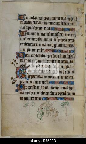 Bas-de-page scène de deux hommes la lutte, chacune montée sur les épaules d'un autre homme. Psautier ('Le psautier de la Reine Mary"). Angleterre (Londres/Westminster ou East Anglia ?) ; entre 1310 et 1320. Source : Royal 2 B. VII, f.161v. Langue : Français de l'Amérique latine, avec les légendes des images. Banque D'Images